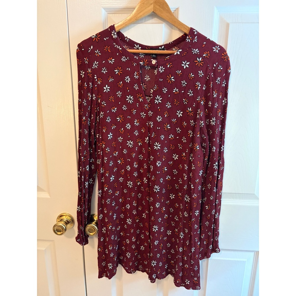 Living Doll Los Angeles Burgundy Daisy Floral Tunic Top Rayon Long Sleeve Large